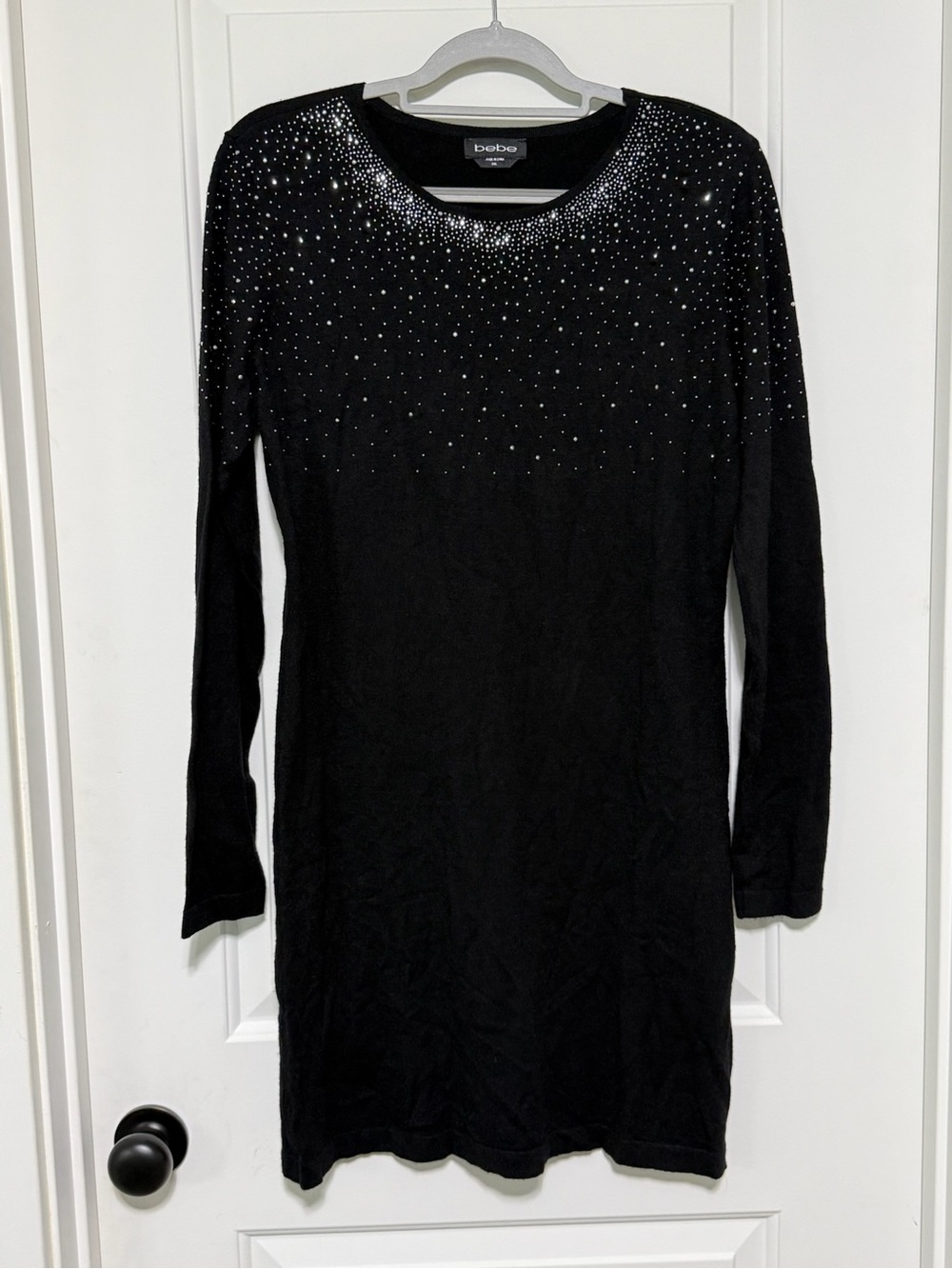 Bebe Black Rhinestone Embellished Long Sleeve Knit Sweater Dress
